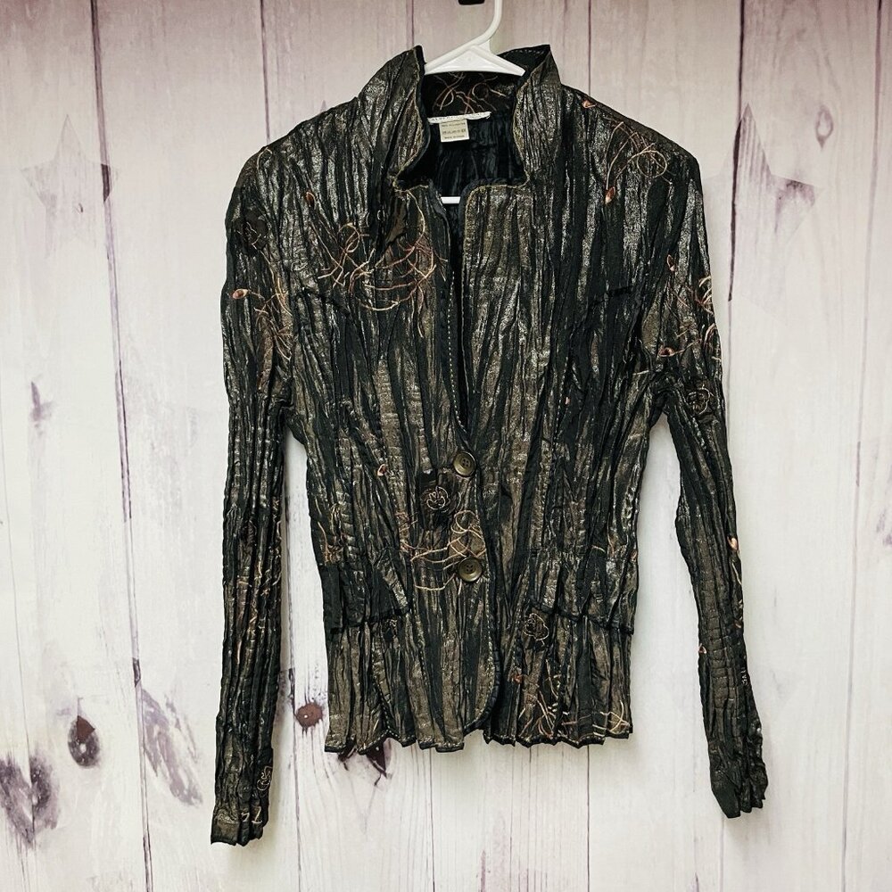 Alberto Makali Blazer Women's Large Crinkle Button Jacket Boho Brown Embroidered